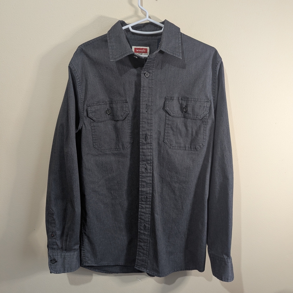 Wrangler Chambray Button Down Shirt Womens Small Gray Western Denim Long Sleeve
